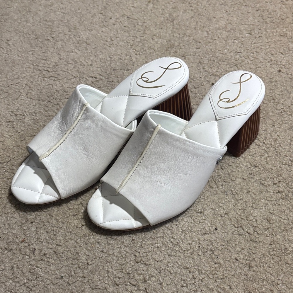 Sam Edelman White Leather Mules with Brown Heel